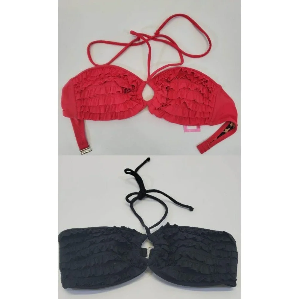 LOT OF 2 Exhilaration Swim Pink & Black‎ Ruffle Bikini Tops Swimsuit Top NEW